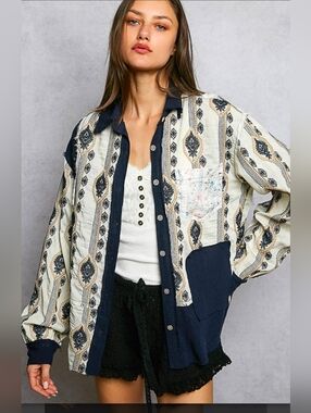 NEW!!! POL Boho Patterned Button-Up Shirt Jacket in Cream & Navy, NWT